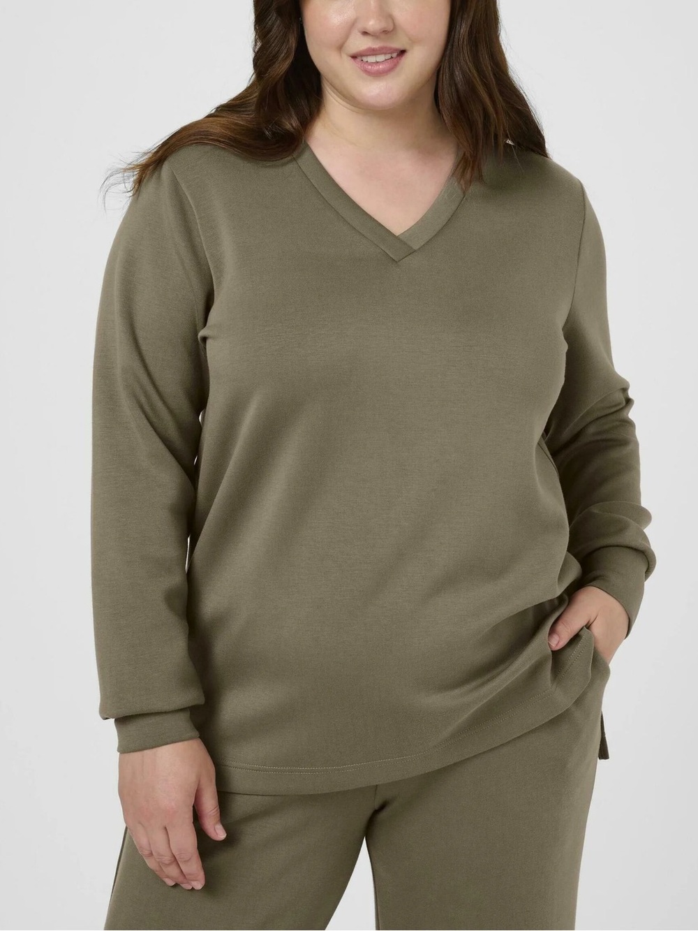 KAFFE Curve KCannita V-Neck Sweatshirt Morel Olive Taupe Size 12 New